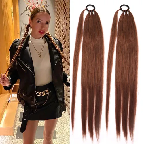 Vista 9 de Extensiones de cola de caballo, 2 piezas sintéticas con lazo para el cabello, extensiones trenzadas, cola de moño, anillo de banda de goma de 26