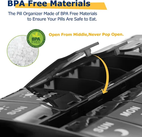 Vista 6 de Organizador de pastillas grande 2 veces al día (negro) 7 Day AM/PM Pill Box, Hinged Lids & Secure Lock, Big Pill Box Holder Twice a Day, For