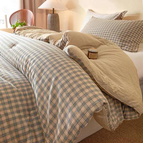Vista 12 de Juego de edredón 100% algodón tamaño matrimonial, diseño reversible teñido de hilos a cuadros, suave algodón lavado en ambos lados, ropa de cama