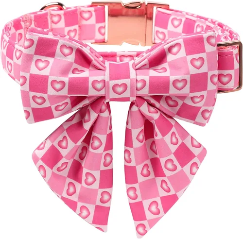 Vista 8 de Maca Bates - Collar de perro para el día de San Valentín con lazo elegante para perros extra pequeños, patrón de corazones rosados, ajustable