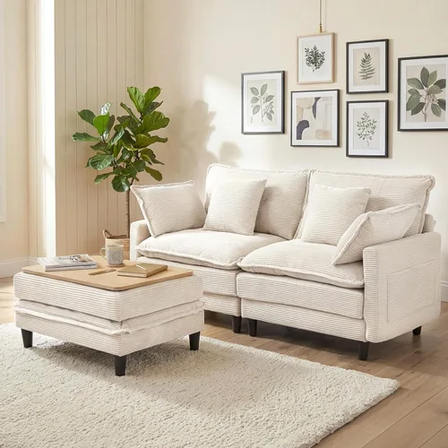 Vista 7 de Sofá de nube en forma de L de 73.5 pulgadas, sofá modular con mesa auxiliar otomana, sofá biplaza de pana con almohada, cómodo y moderno sofá