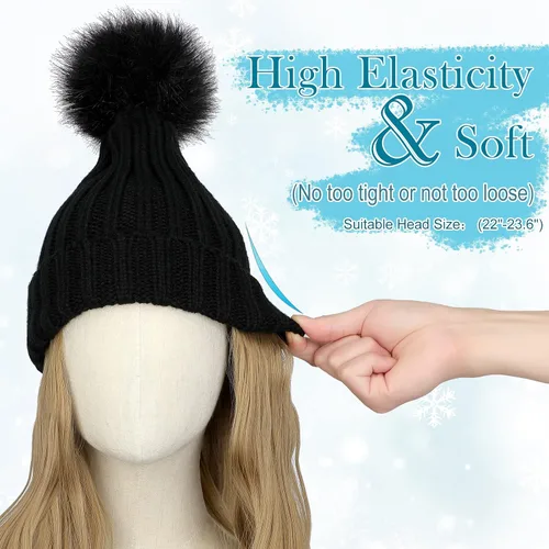 Vista 4 de Gorro de peluca con extensiones de cabello largo ondulado – Gorro de punto acanalado con pompón unido 14 pulgadas rizado sintético postizo