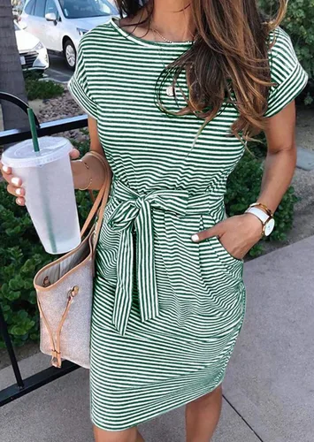 Vista 2 de MEROKEETY - Vestido de verano con manga corta, a rayas, casual, estilo camiseta, con lazo en la cintura y bolsillos, para mujer