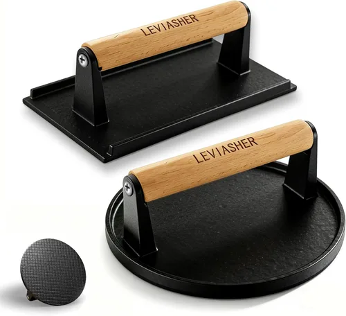 Vista 12 de Paquete de 2.1 libras de peso para carne y hamburguesa, base a rayas, prensa de hierro fundido resistente de 7 x 4 pulgadas con mango de madera