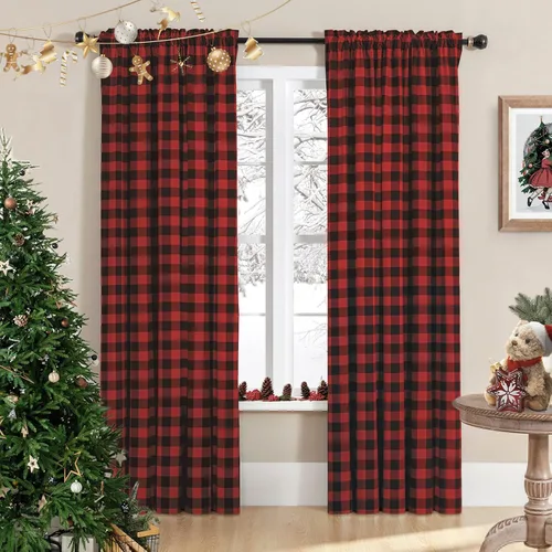Vista 13 de Melodieux Buffalo - Cortinas a cuadros para sala de estar, dormitorio, estilo granja, estilo guingán, con textura de algodón, con bolsillo para Negro