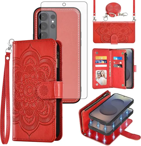 Vista 9 de Asuwish Funda de teléfono para Samsung Galaxy S26 5G con cremallera, magnética, desmontable, con protector de pantalla de vidrio templado, correa