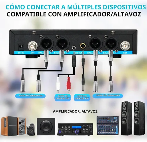 Vista 9 de Sistema de Micrófono Inalámbrico Recargable de 4 Canales Pro, Micrófono de Mano de Metal UHF Auricular Lavalier de Solapa Inalámbrico para Iglesia