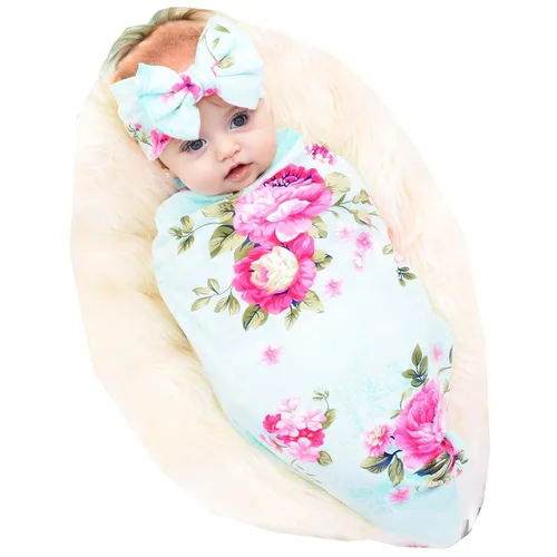 Vista 17 de Galabloomer - Conjunto de cobija con diadema, diseño de flores, para envolver bebé