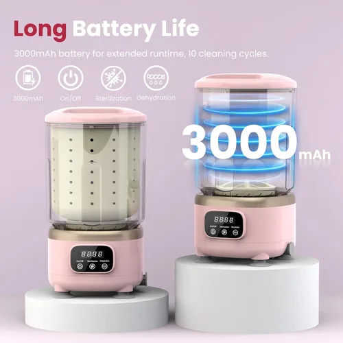 Vista 6 de Lavadora de ropa interior, mini lavadora portátil recargable con capacidad de taza de 2 litros para brasier, ropa interior, calcetines, hogar Rosa