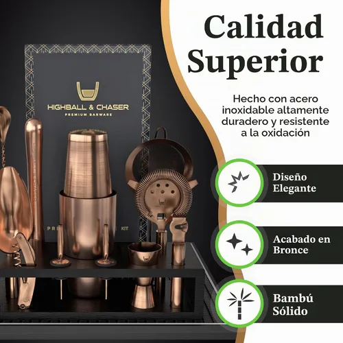 Vista 2 de Kit de bartender Highball & Chaser con soporte de bambú negro, hermoso juego de coctelera, juego y herramientas para barra, agitador Boston de acero