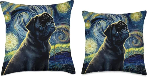 Vista 3 de black Pug Pet Love Fun Almohada de perro con diseño de pug negro en noche estrellada, 16 x 16 pulgadas, multicolor