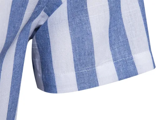 Vista 5 de DELCARINO Camisa casual de manga corta para hombre, camisa de lino y algodón con estilo de rayas verticales