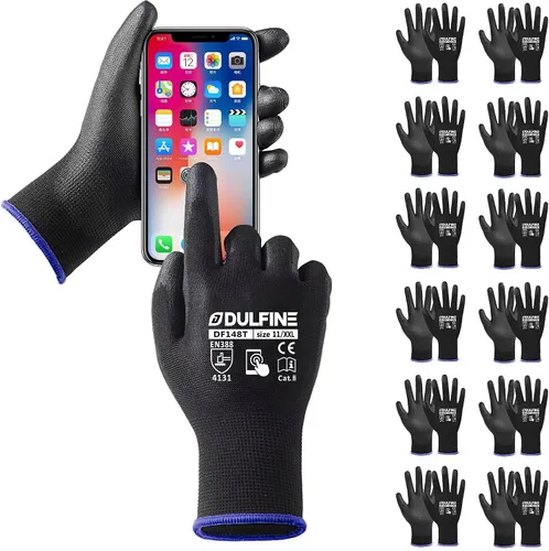 Vista 29 de DULFINE Guantes de trabajo ultrafinos con revestimiento de PU - 12 pares, excelente agarre, carcasa de nylon guantes de trabajo de seguridad