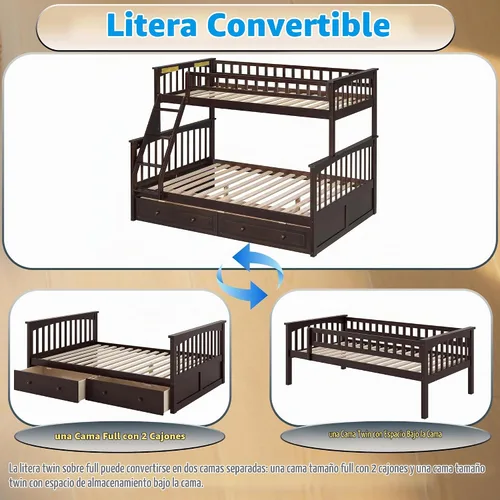 Vista 4 de Harper & Bright Designs Litera convertible de madera individual sobre cama matrimonial con 2 cajones de almacenamiento y escalera, se puede dividir