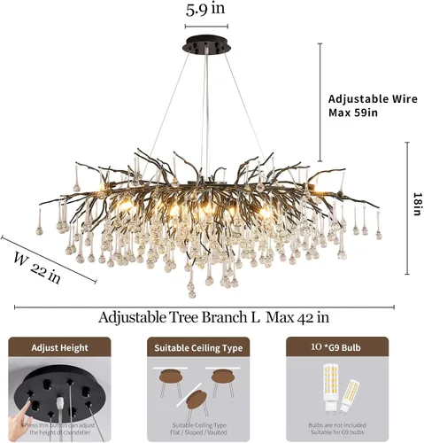Vista 2 de Lámpara de araña moderna de cristal en forma de gota de lluvia, lámpara lineal negra rectangular de 40' de la serie Art Deco con forma de rama