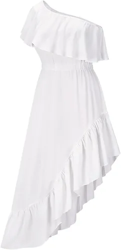 Vista 8 de LFEOOST Vestido largo con volantes para mujer, sexy, casual, con un solo hombro, cintura elástica, dobladillo asimétrico, fruncido y fluido