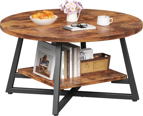 Vista 8 de Mesa de café para sala de estar, Mesa de café redonda, Mesa de café pequeña circular con almacenamiento, Mesa de centro redonda moderna de madera