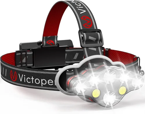 Vista 8 de Victoper - Linterna frontal recargable, 8 LED de 18000 lúmenes con luz roja, linterna frontal USB ligera, impermeable, de 8 modos, equipo para Negro