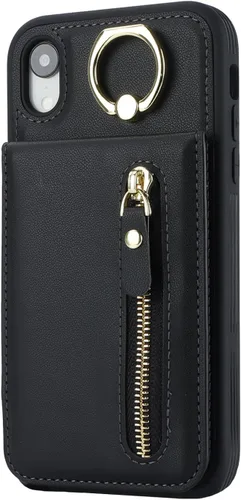 Vista 9 de Funda para iPhone XR Teléfono Cartera para Mujer, Funda para iPhone XR Teléfono con Tarjetero con Tarjeta de Crédito con Anillo Kickstand Cremallera