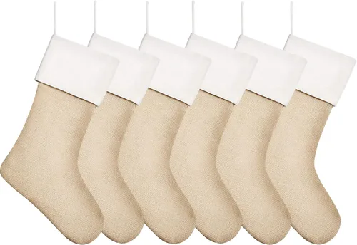 Vista 17 de Medias de Navidad de arpillera de 18 pulgadas a granel, medias neutrales de Navidad para colgar en la chimenea, paquete de 2