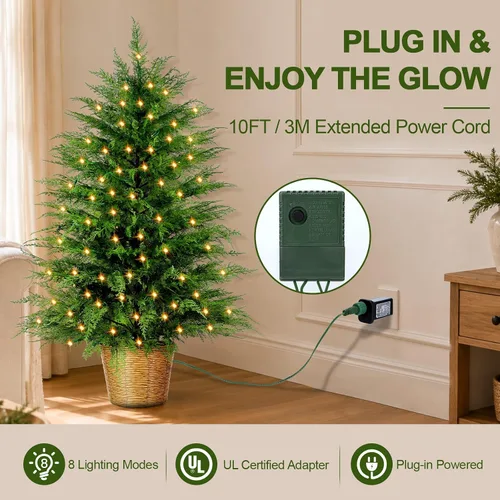 Vista 4 de Árbol de Navidad de cedro artificial preiluminado de 3 pies con luces enchufables, árbol de Navidad en maceta de cedro sintético en cesta decorativa