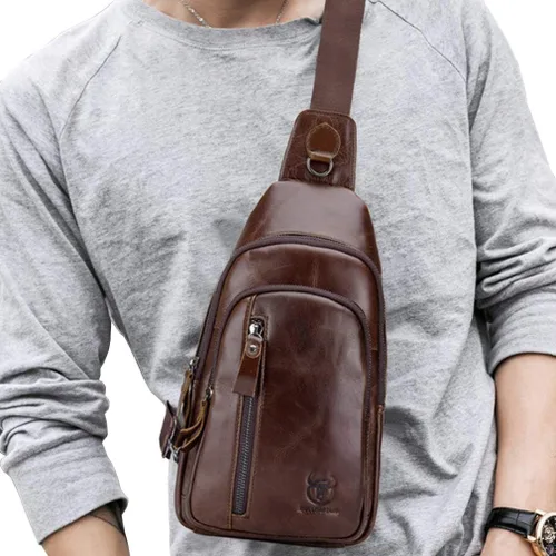 Vista 2 de Mochila estilo bandolera de piel para hombres y mujeres, bandolera de hombro, al pecho, mochila de uso diario para viajes, al aire libre