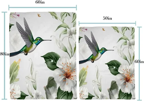 Vista 4 de TheBlackSpot Manta de franela de forro polar suave y cómoda con diseño de flores y hojas verdes, diseño de lirio y colibrí, para decoración de sofá