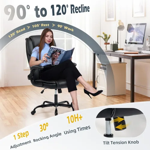 Vista 3 de Silla de oficina – Silla ejecutiva de cuero de escritorio de oficina con respaldo alto con función de balanceo – Ergonómica, transpirable, cómoda