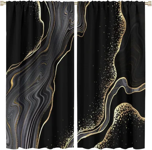 Vista 105 de Cortinas Negras con Dobladillo Dorado, Cortinas Opacas con Bolsillo para Barra con Estampado de Rayas de Foil en Onda Dorada para Decoración de Negro