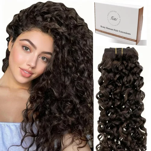 Vista 20 de Hetto . Extensiones de cabello humano rizado con clip, color #1 negro azabache, extensiones de cabello humano ondulado natural para cabeza completa