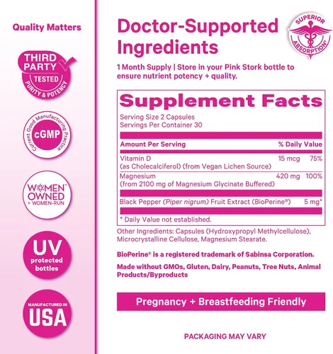 Vista 6 de Pink Stork Glicinato de magnesio con vitamina D - Suplemento de magnesio para mujeres para apoyar la calma natural, el estado de ánimo y el sueño