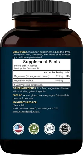 Vista 3 de Malato de magnesio 1500 mg por porción, 240 cápsulas, quelado para una alta absorción, suplemento mineral para la energía y sistema nervioso, sin