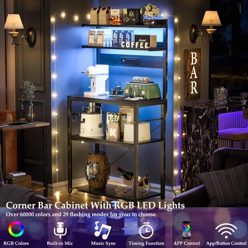 Vista 2 de Aheaplus - Estantería de cocina con toma de corriente, soporte para microondas, estación de café de 5 niveles con luces LED, estante de Negro