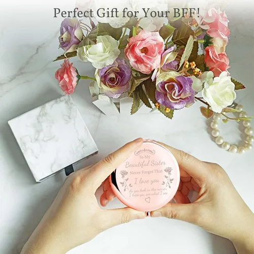 Vista 2 de Espejo compacto para regalos para hermanas, para mi hermosa hermana, hermoso espejo compacto de oro rosa, espejo de regalo único para amigas