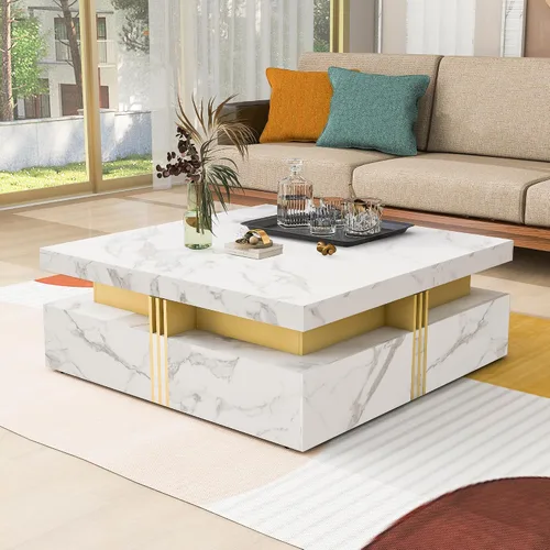 Vista 11 de SSLine Moderna mesa de centro cuadrada de color negro y dorado, mesa de centro de cóctel de mármol sintético de lujo con 4 cajones de Mármol negro