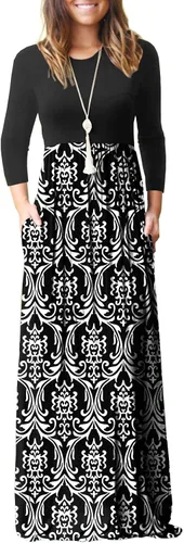 Vista 5 de GRECERELLE Vestido largo de manga larga para mujer, casual, cuello redondo, holgado, sólido floral, maxi largo con bolsillos, S-3XL A-Negro