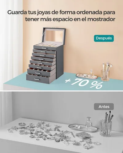 Vista 8 de SONGMICS Joyero organizador de 8 niveles, grande con espejo grande, 7 cajones, gran capacidad, almacenamiento de joyas, estilo moderno, regalo