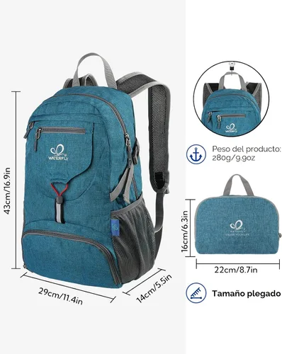 Vista 2 de WATERFLY Mochila pequeña ligera y plegable: mochila de 20 l ultra ligera, plegable, de senderismo, de viaje, de camping, de día, para hombre y mujer