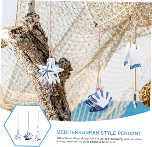 Vista 9 de DECHOUS Juego de 3 adornos de pared hechos a mano con peces y vieiras de madera estilo mediterráneo
