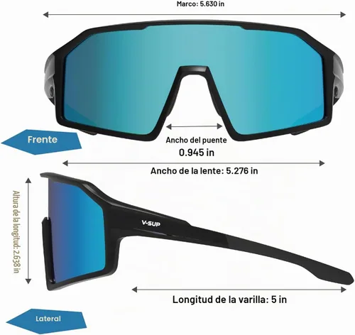 Vista 4 de V-SUP Non-Polarized Sport Sunglasses Men UV400 Shield Marco negro mate/espejo azul
