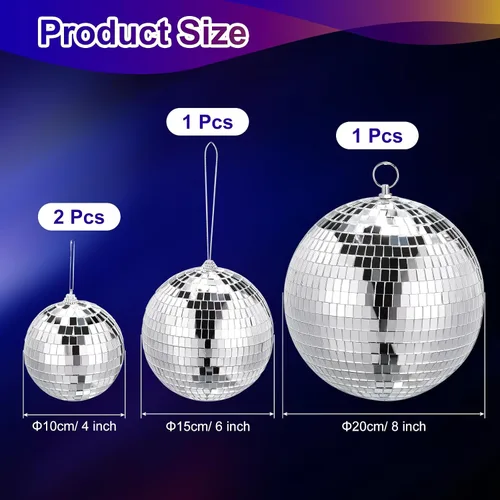Vista 2 de MECCANIXITY Bola de espejo, 4, 6, 8 pulgadas, bolas de cristal para decoración de discoteca reflectantes con anillo para colgar, tono plateado