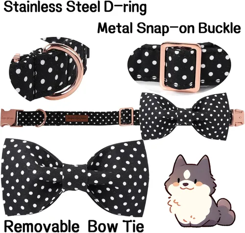 Vista 3 de Unique style paws - Collar de algodón con lazo para cachorros con punto redondo negro y blanco para perros pequeños, medianos y grandes Punto Negro