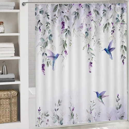 Vista 5 de Hermosos juegos de cortinas de ducha de 4 piezas de hojas de eucalipto, colibrí, rústico, acuarela, morado, eucalipto, floral, colibrí