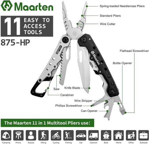 Vista 3 de Maarten Alicates multiherramienta ligeros, alicates múltiples de suspensión 11 en 1 con mosquetón, llavero de bolsillo portátil de acero inoxidable