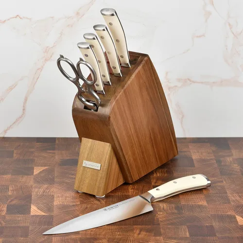 Vista 2 de Wusthof Classic Ikon Creme - Juego de 7 cuchillos delgados (bloque de acacia)