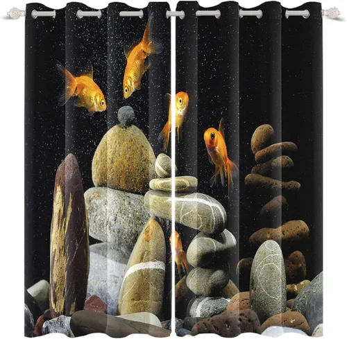 Vista 11 de Renaiss Cortinas de carpa para ventana, 29 pulgadas de ancho x 45 pulgadas de alto, pintura de tinta oriental, hojas de loto, lirio de agua negro