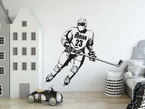 Vista 5 de Calcomanía de pared personalizada de jugador de hockey con nombre y número personalizados, arte de pared de vinilo para entusiastas