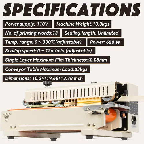 Vista 6 de U.S. Solid Sellador continuo de banda de bolsas Máquina de sellado de mesa, sellador automático de banda horizontal con control de temperatura