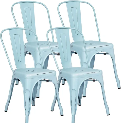 Vista 7 de Furniwell Juego de 4 sillas de comedor de metal para uso en interiores y exteriores, apilables, de metal industrial, para cocina, comedor, bistró