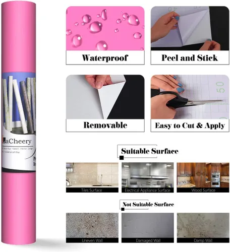 Vista 7 de LACHEERY Papel adhesivo rosa de 12 x 160 pulgadas, papel tapiz texturizado sólido para pegar y despegar, papel de pared rosa, papel tapiz